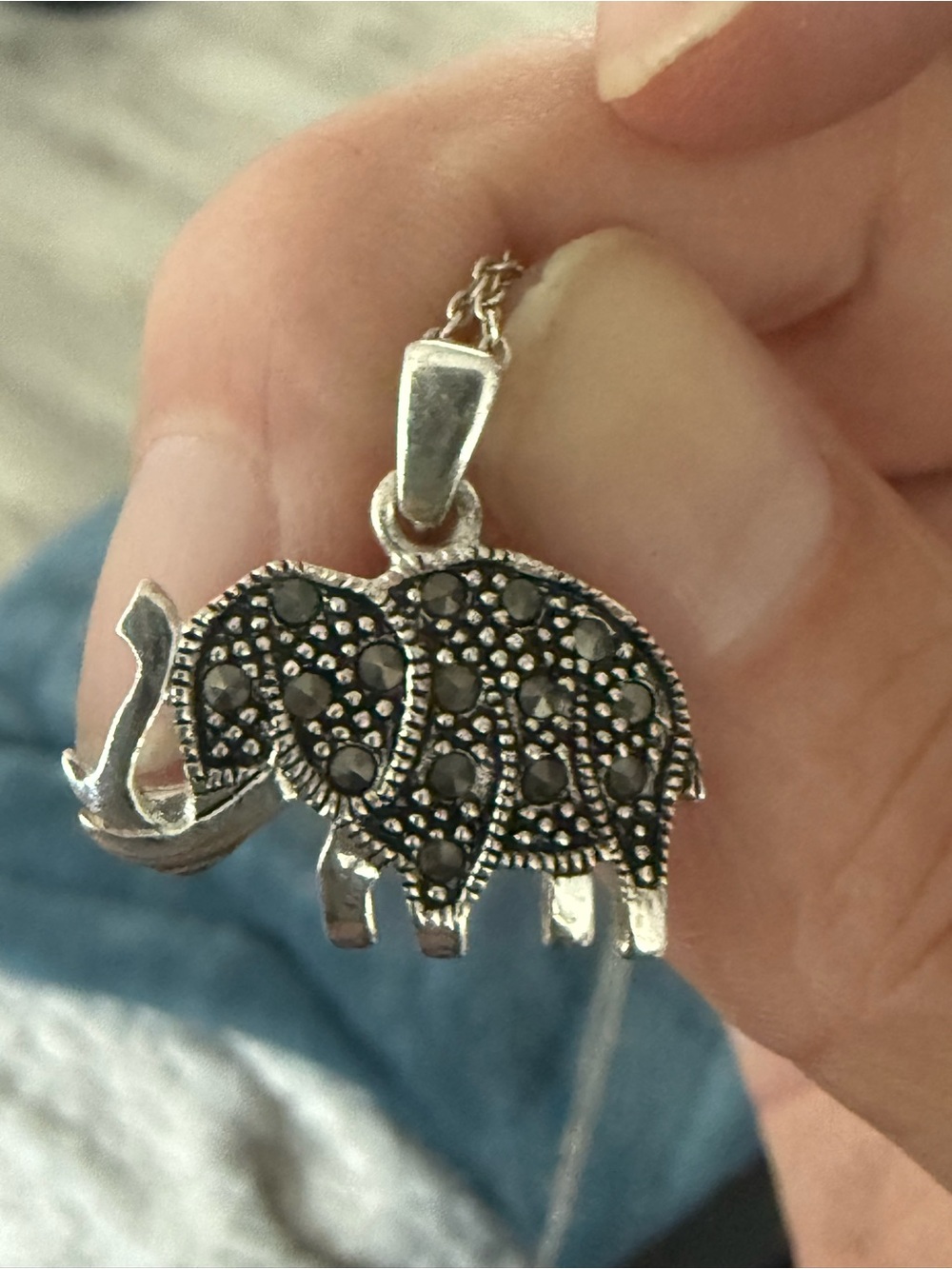 Silver Elephant Pendant Necklace with Black Accents